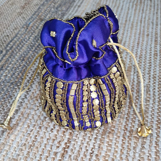 Royal Blue Potli Bag – Embroidered Silk Pouch with Golden Drawstring