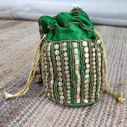 Green Potli Bag – Silk Embroidered Drawstring Pouch with Golden Beads