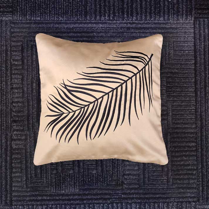 Beige Cushion Cover with Black Leaf Print – 40x40 cm with Filler Included