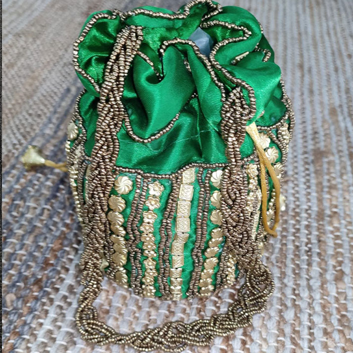 Green Potli Bag – Silk Embroidered Drawstring Pouch with Golden Beads