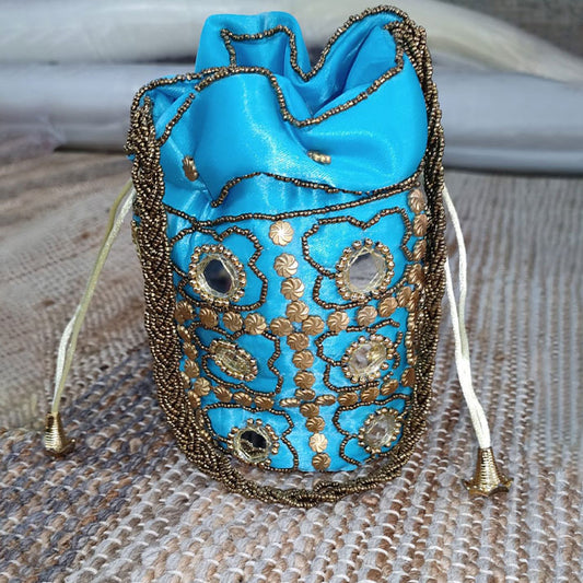 Turquoise Blue Potli Bag – Mirror Work and Golden Embroidered Silk Pouch