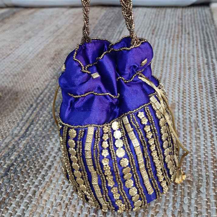Royal Blue Potli Bag – Embroidered Silk Pouch with Golden Drawstring