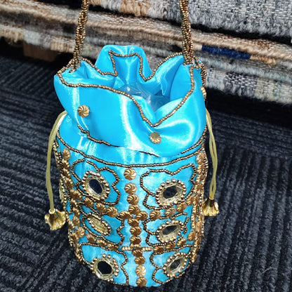 Turquoise Blue Potli Bag – Mirror Work and Golden Embroidered Silk Pouch