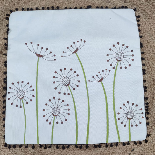 Whimsical Dandelion Print on White Fabric with Pom-Pom Border