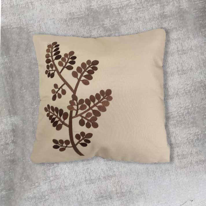 Beige Cushion Cover with Brown Leaf Embroidery – 40x40 cm with Filler Included