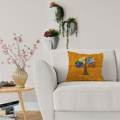 Embroidered Tree Design with Colorful Sequin Detailing on Golden Fabric