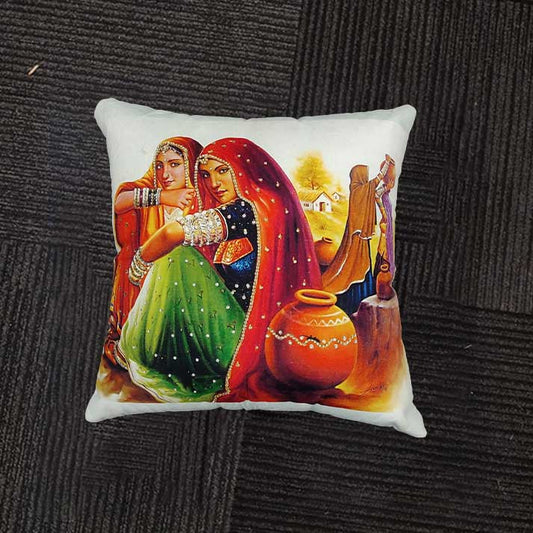 Decorative Cushion with Rajasthani Village Women Artwork