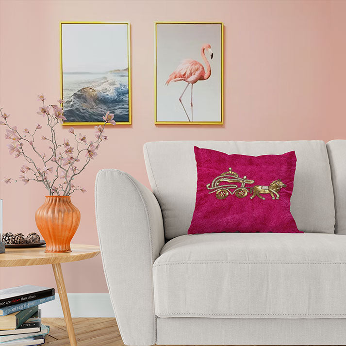 Embroidered Horse and Chariot Design with Sequins on Pink Fabric