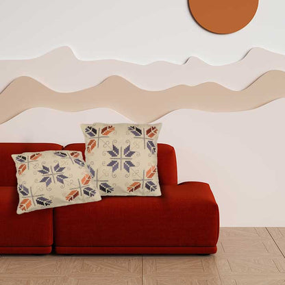 Embroidered Beige Cushion Cover with Geometric Floral Pattern – Handcrafted Home Décor