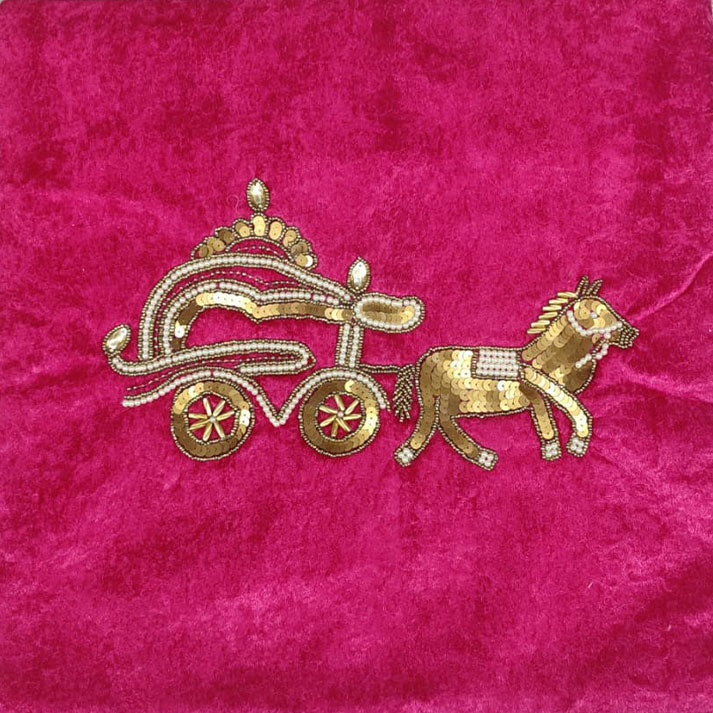 Embroidered Horse and Chariot Design with Sequins on Pink Fabric