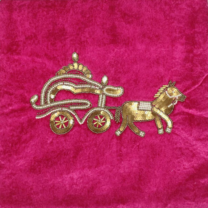 Embroidered Horse and Chariot Design with Sequins on Pink Fabric