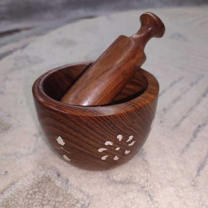 Handcrafted Wooden Mortar and Pestle – Traditional Spice Grinder with Inlay Work