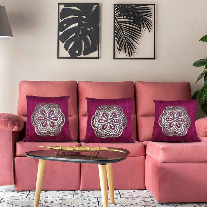 Elegant Purple Decorative Pillow with Sequin Floral Embroidery