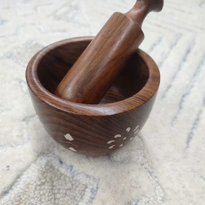 Handcrafted Wooden Mortar and Pestle – Traditional Spice Grinder with Inlay Work