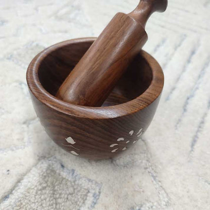 Handcrafted Wooden Mortar and Pestle – Traditional Spice Grinder with Inlay Work