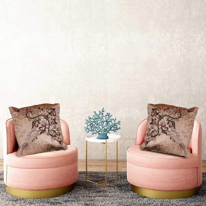 Golden Embroidered Geometric Cushion Cover – 40x40 cm with Filler Included