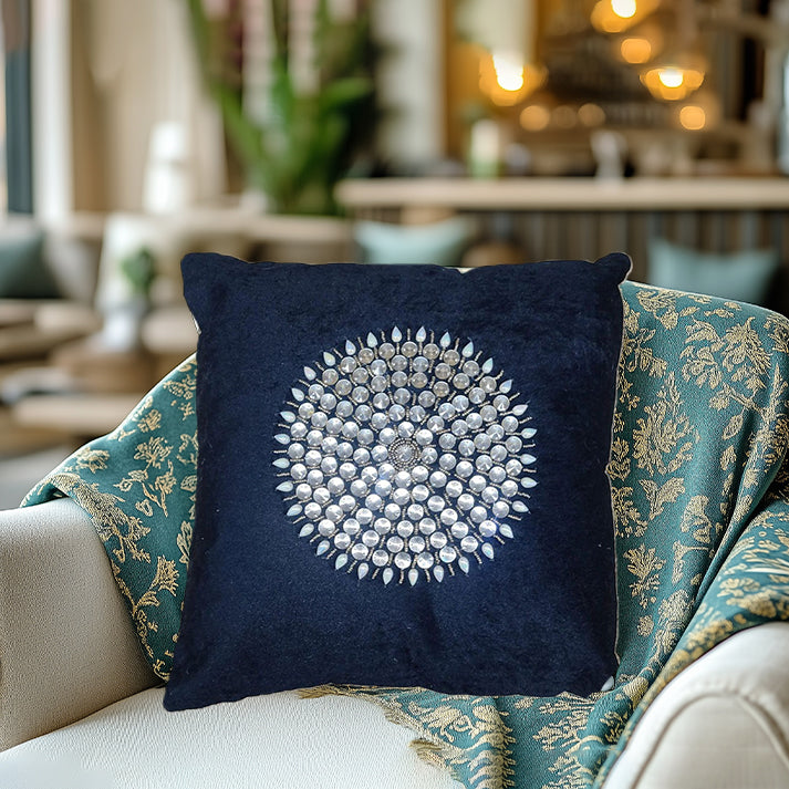 Navy Velvet Pillow with Silver Sequin Floral Design