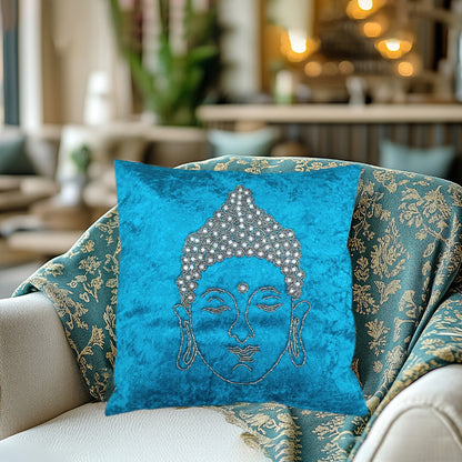 Turquoise Velvet Buddha Embroidered Cushion Cover with Beaded Detailing