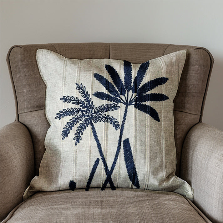 Palm Tree Embroidered Cushion Cover in Beige and Navy