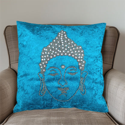 Turquoise Velvet Buddha Embroidered Cushion Cover with Beaded Detailing