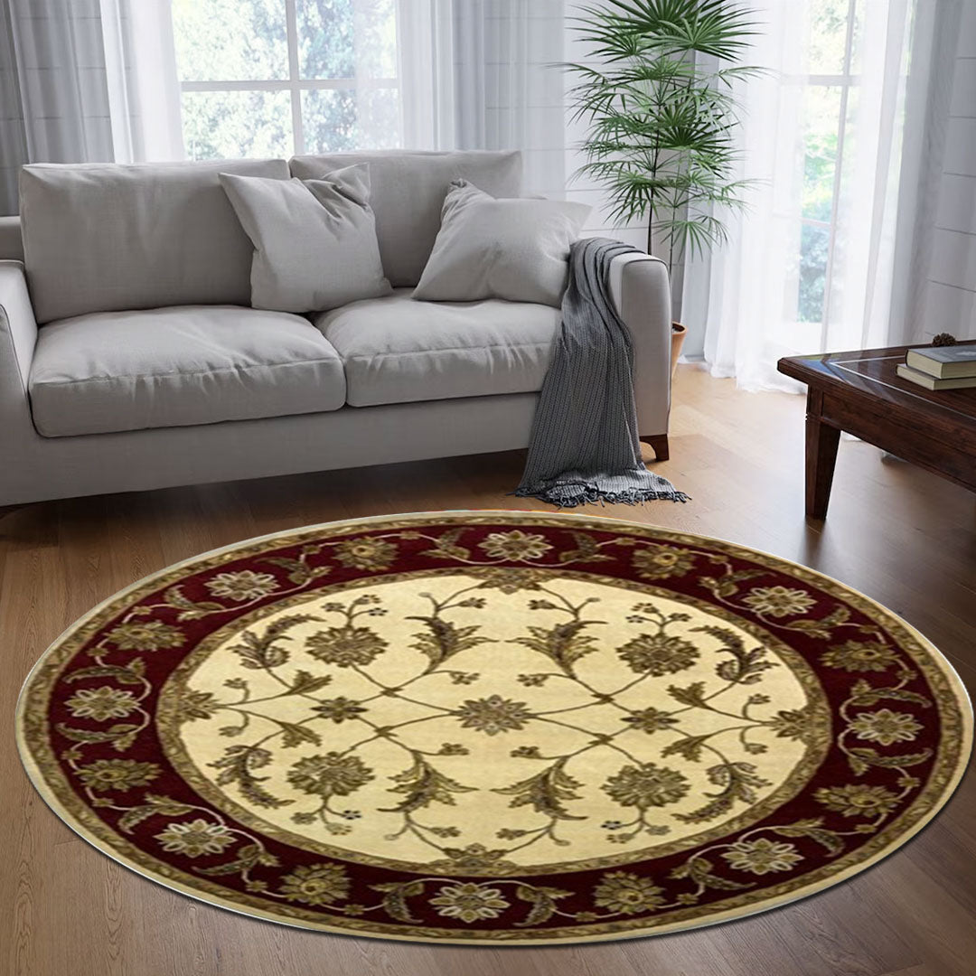 Heritage Hues - Traditional Handknotted Ivory & Red Colour Wool & Silk Rug