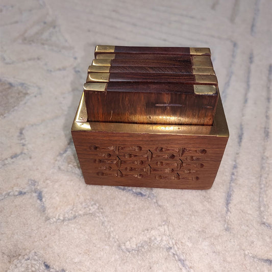 Wooden Coaster Set with Brass Inlay & Carved Holder | Handcrafted Drink Mats