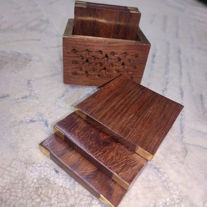 Wooden Coaster Set with Brass Inlay & Carved Holder | Handcrafted Drink Mats