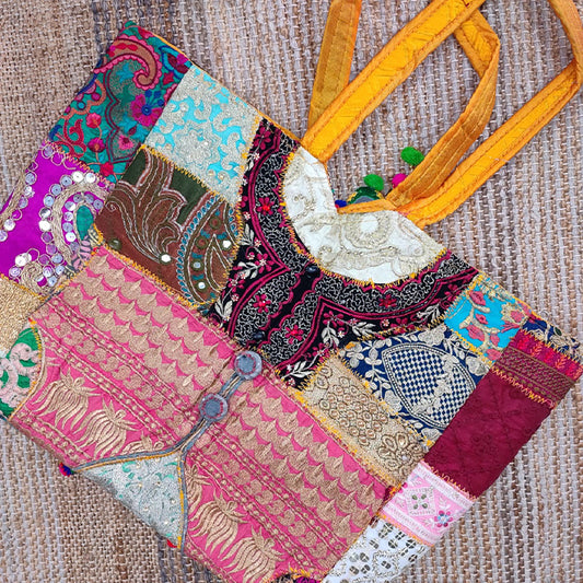 Handcrafted Patchwork Tote Bag – Colorful Vintage Fabric Shoulder Bag