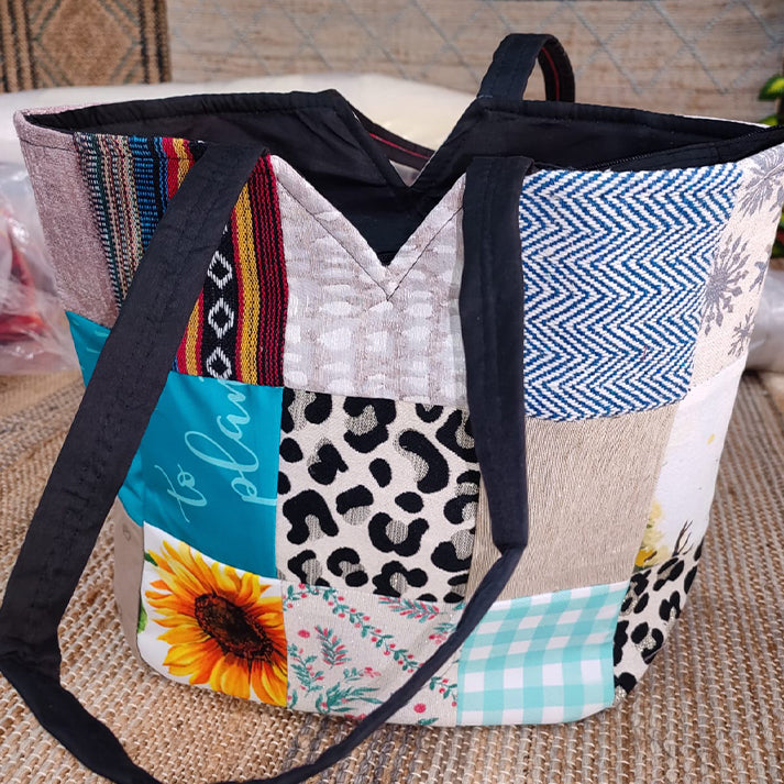 Colorful Patchwork Tote Bag – Handmade Multi-Design Fabric Shoulder Bag
