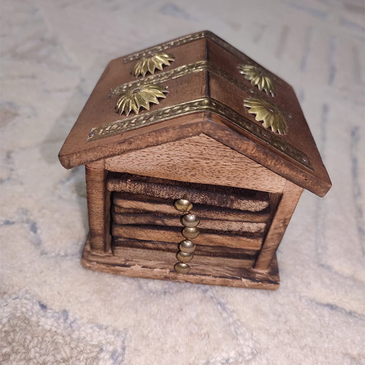 Handcrafted Wooden Coaster Set with Brass Inlay & Hut-Shaped Holder