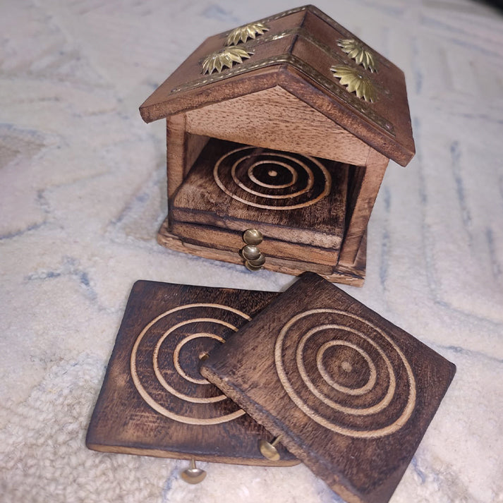 Handcrafted Wooden Coaster Set with Brass Inlay & Hut-Shaped Holder