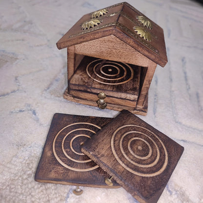 Handcrafted Wooden Coaster Set with Brass Inlay & Hut-Shaped Holder