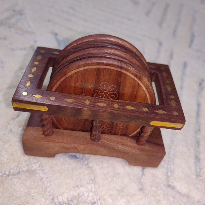 Handcrafted Wooden Round Coaster Set with Decorative Holder | Traditional Drink Mats