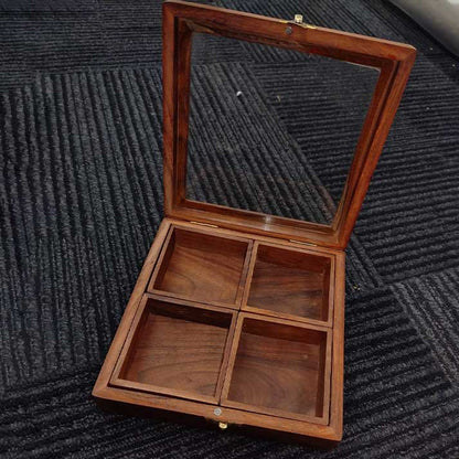 Wooden Storage Box with Glass Lid and 4 Compartments – Elegant Organizer for Jewelry or Spices