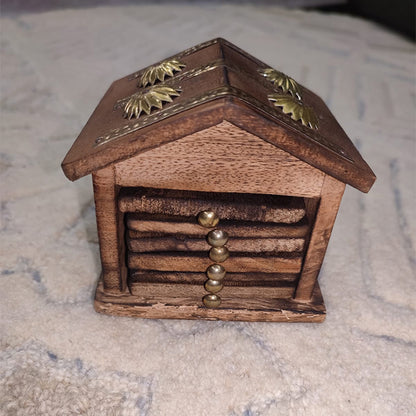 Handcrafted Wooden Coaster Set with Brass Inlay & Hut-Shaped Holder