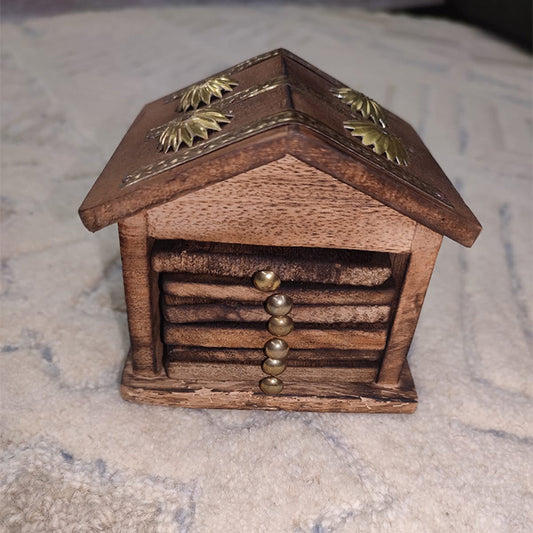 Handcrafted Wooden Coaster Set with Brass Inlay & Hut-Shaped Holder