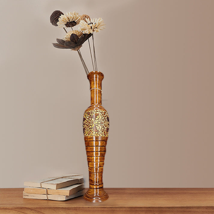Handcrafted Wooden Vase with Floral Inlay Design